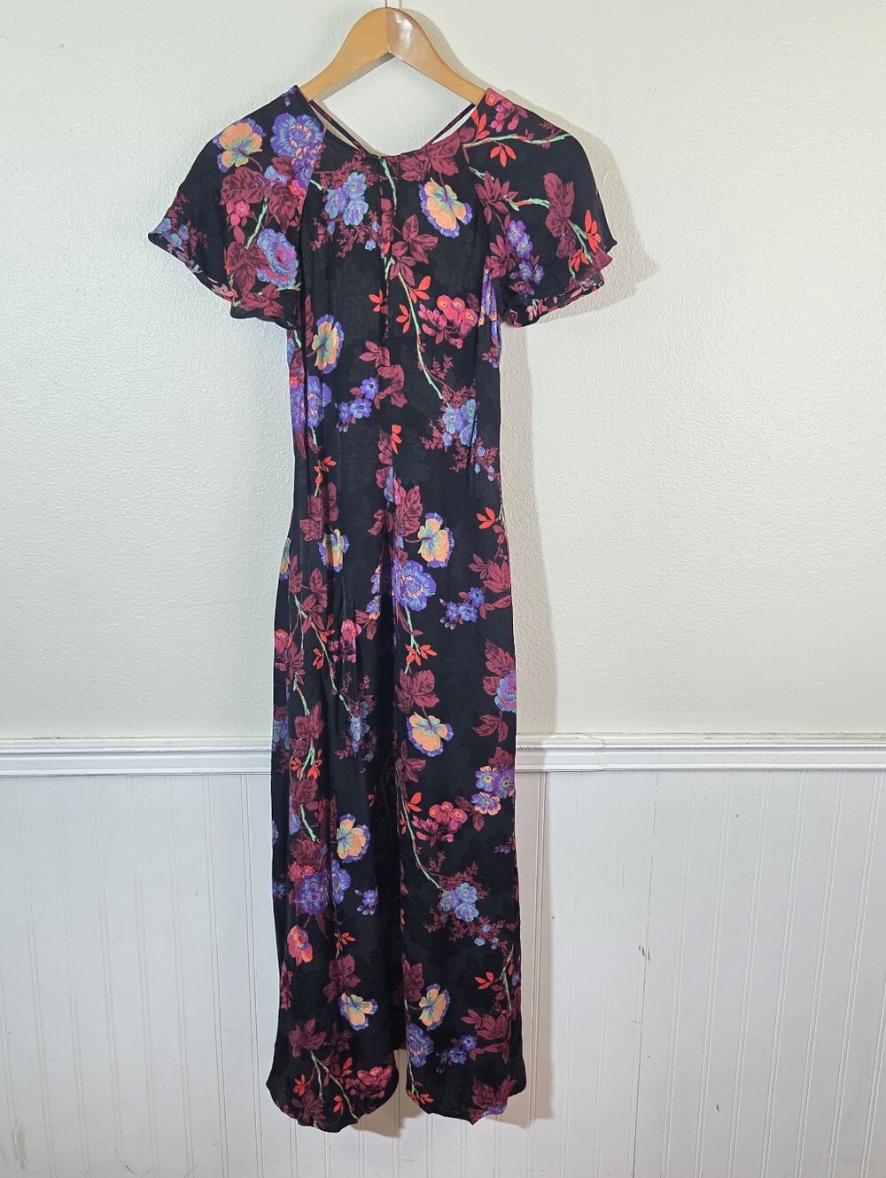 REISS Floral Maxi Dress Women US 2 UK 6 Black Purple Multicolor Flutter Sleeve